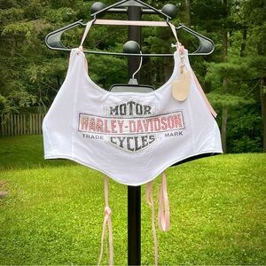 Upcycled/Reworked Harley Davidson White/pink/Rhinestoned to Corset Top